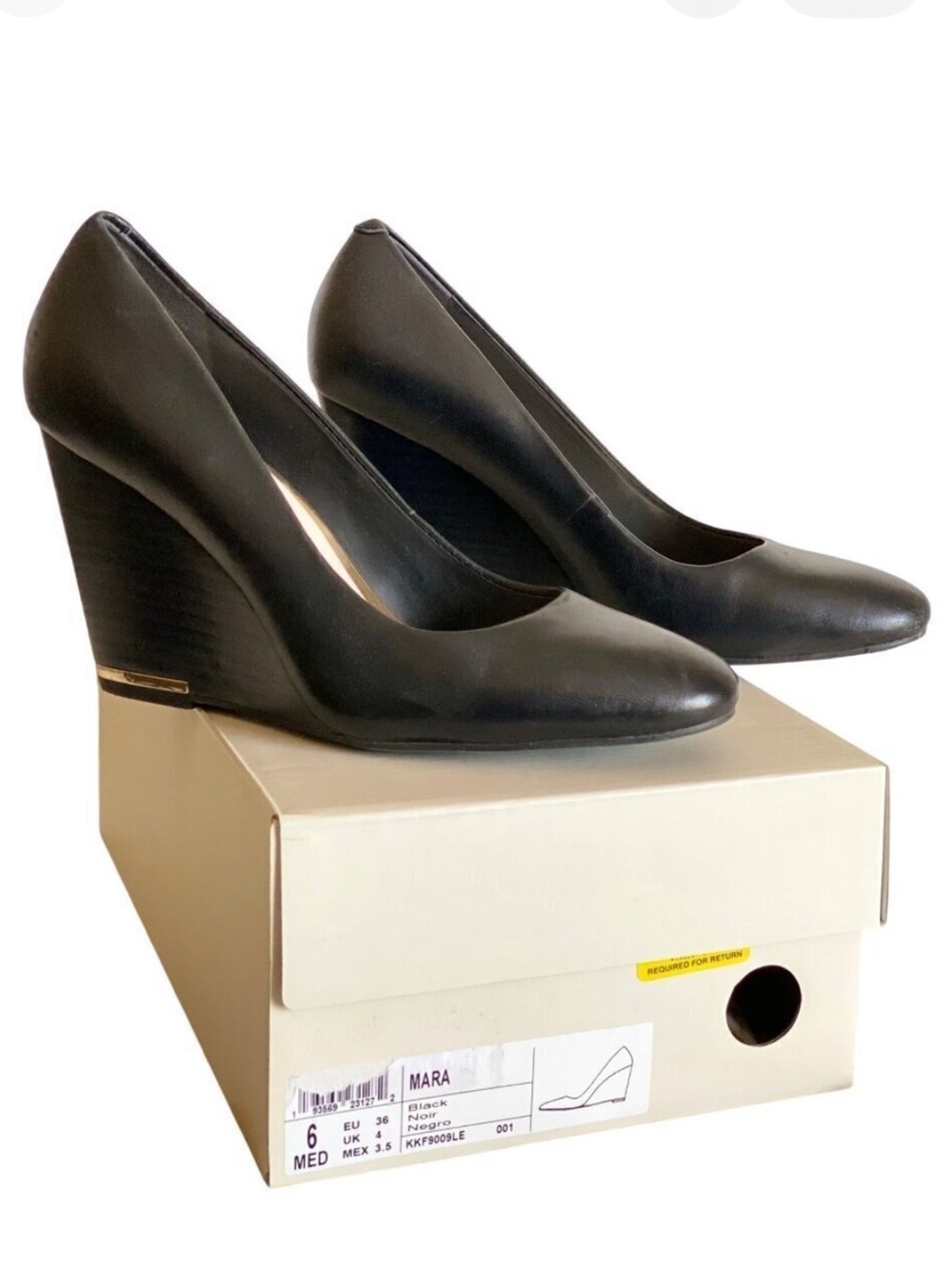 Katherine Kelly Leather Mara Wedge Shoes Sz‎ 6 Black Gold Almond toe